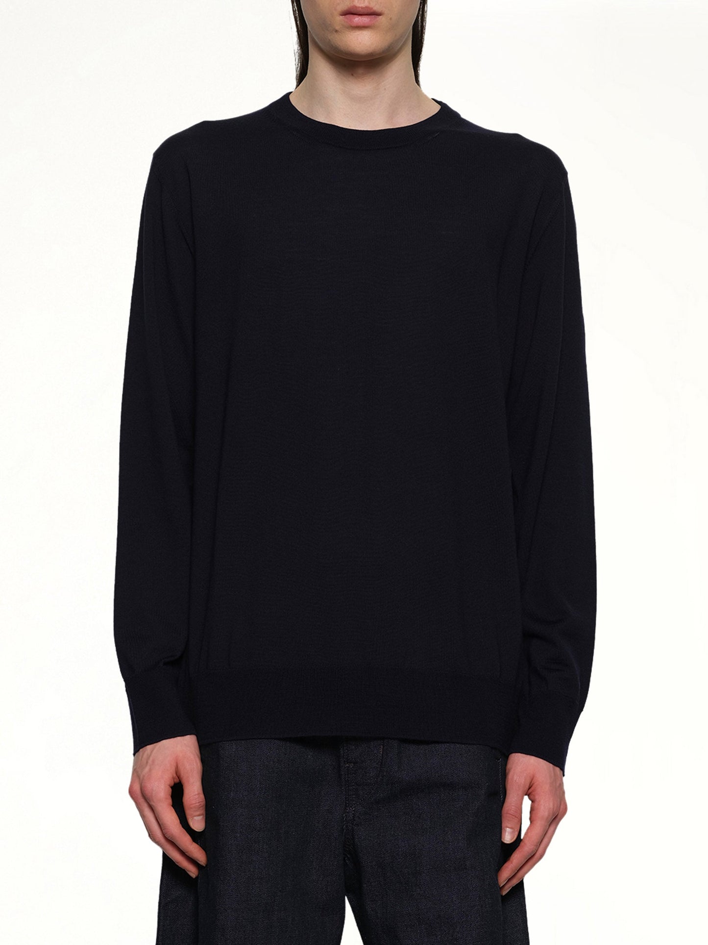 Image of a model wearing Outerwear. Productname: JIL SANDER Heavy Weight Merino Wool in MIDNIGHT colour by brand - JIL SANDER