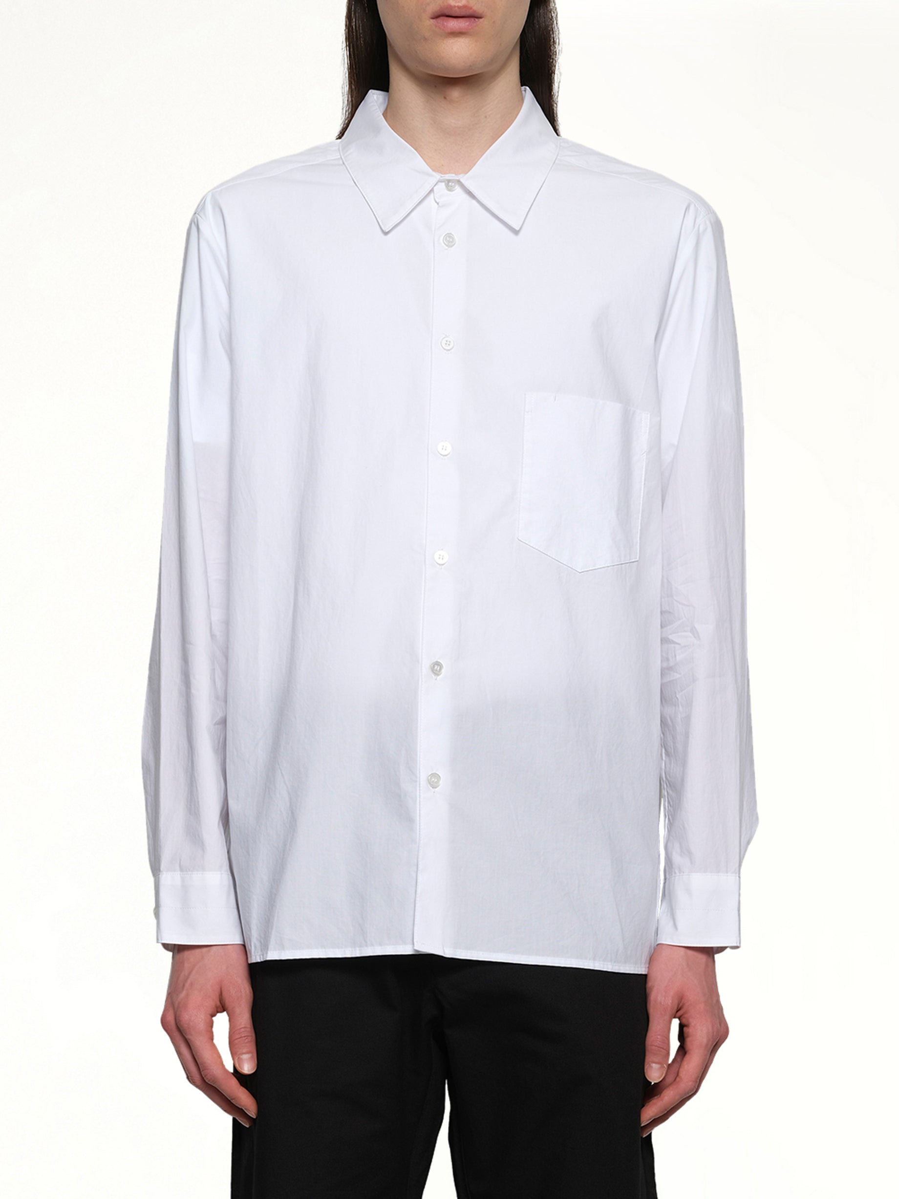 Image of a model wearing Tops. Productname: POST ARCHIVE FACTION Shirt (Archive) in White colour by brand - POST ARCHIVE FACTION
