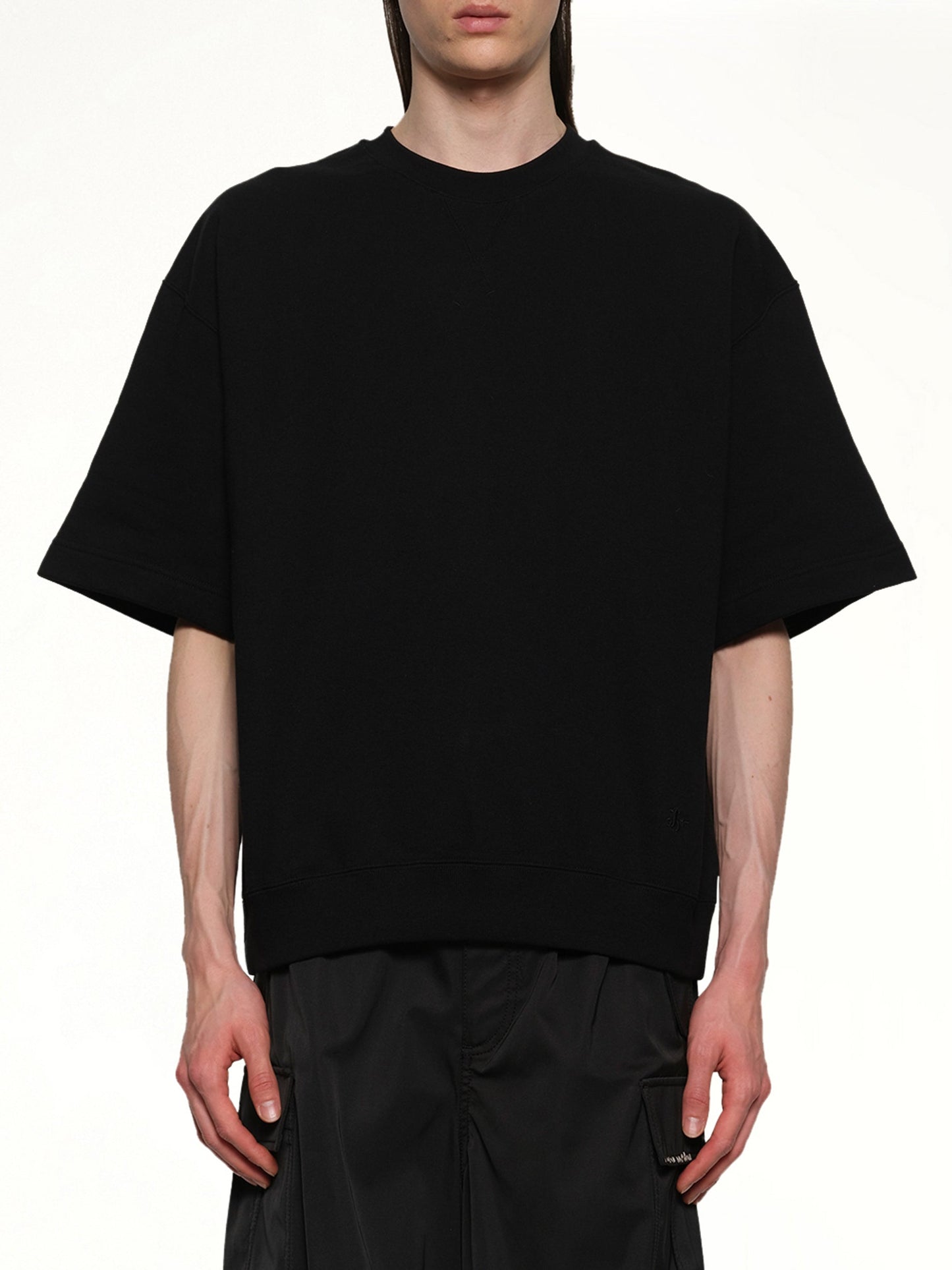Image of a model wearing Outerwear. Productname: JIL SANDER Crewneck Short Sleeve Sweatshirt in BLACK colour by brand - JIL SANDER