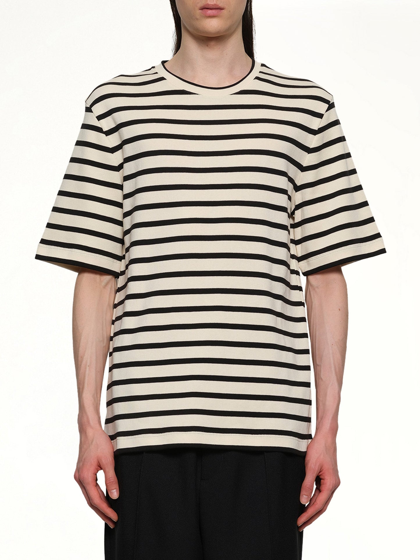Image of a model wearing Tops. Productname: JIL SANDER Logo T-Shirt in GREY colour by brand - JIL SANDER