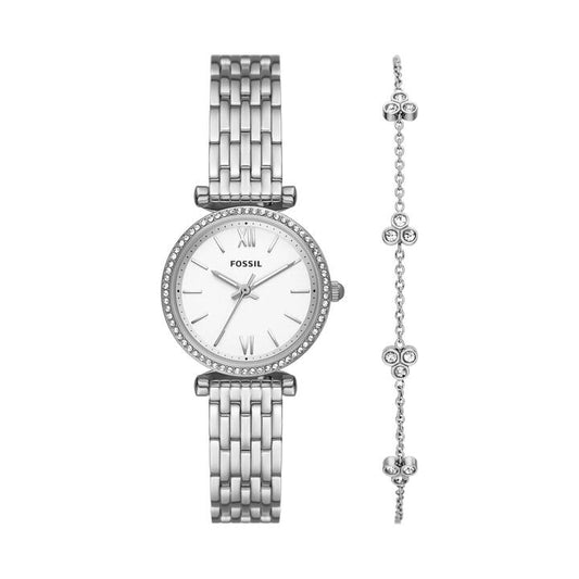 Image of Bracelets. Productname: Fossil Carlie Three-Hand Stainless Steel Watch and Bracelet Box Set ES5315SET in Watch colour by brand - Fossil