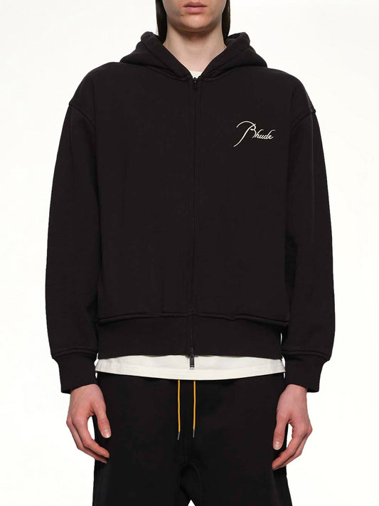Image of a model wearing Outerwear. Productname: RHUDE Classique Zip Up Hoodie in BLACK/WHITE colour by brand - RHUDE