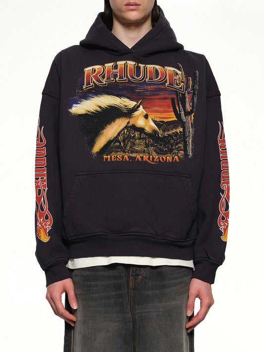 Image of a model wearing Outerwear. Productname: RHUDE Mesa Stallion Hoodie in VINTAGE BLACK/RED colour by brand - RHUDE