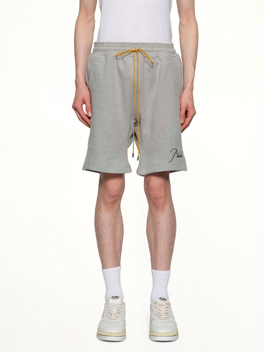 Image of a model wearing Shorts. Productname: RHUDE Classique Sweatshort in HEATHER GREY/BLACK colour by brand - RHUDE