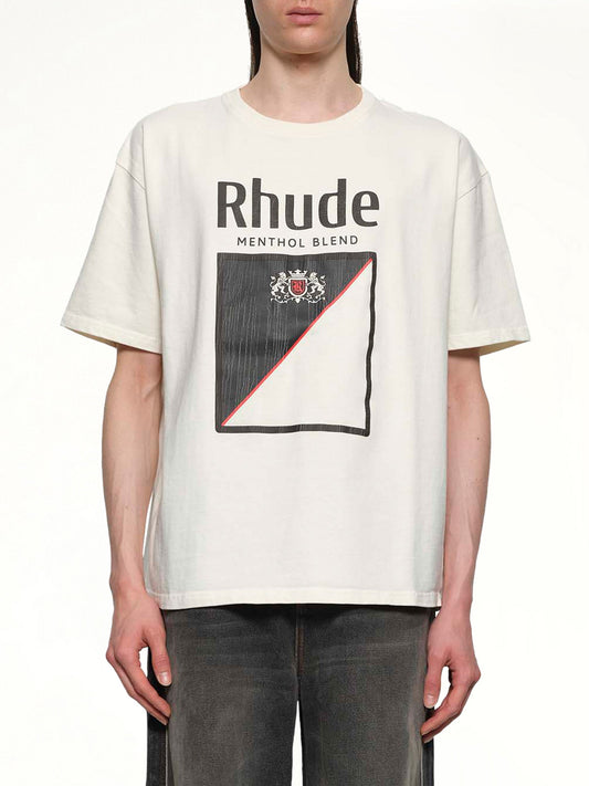 Image of a model wearing Tops. Productname: RHUDE Collins Fumar T-Shirt in VINTAGE WHITE colour by brand - RHUDE