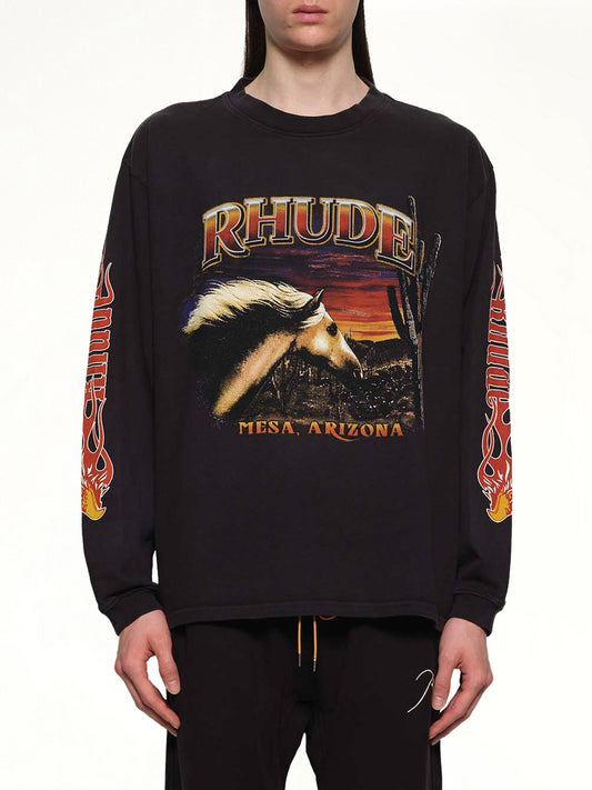 Image of a model wearing Tops. Productname: RHUDE Mesa Stallion Ls T-Shirt in VINTAGE BLACK colour by brand - RHUDE