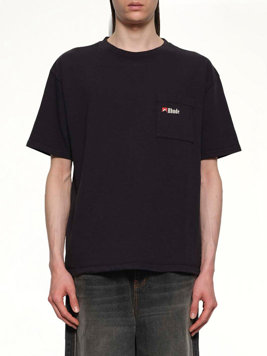 Image of a model wearing Tops. Productname: RHUDE Moonlight Wolf Pocket T-Shirt in VINTAGE BLACK colour by brand - RHUDE
