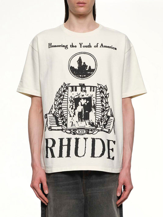 Image of a model wearing Tops. Productname: RHUDE Youth of America T-Shirt in VINTAGE WHITE colour by brand - RHUDE