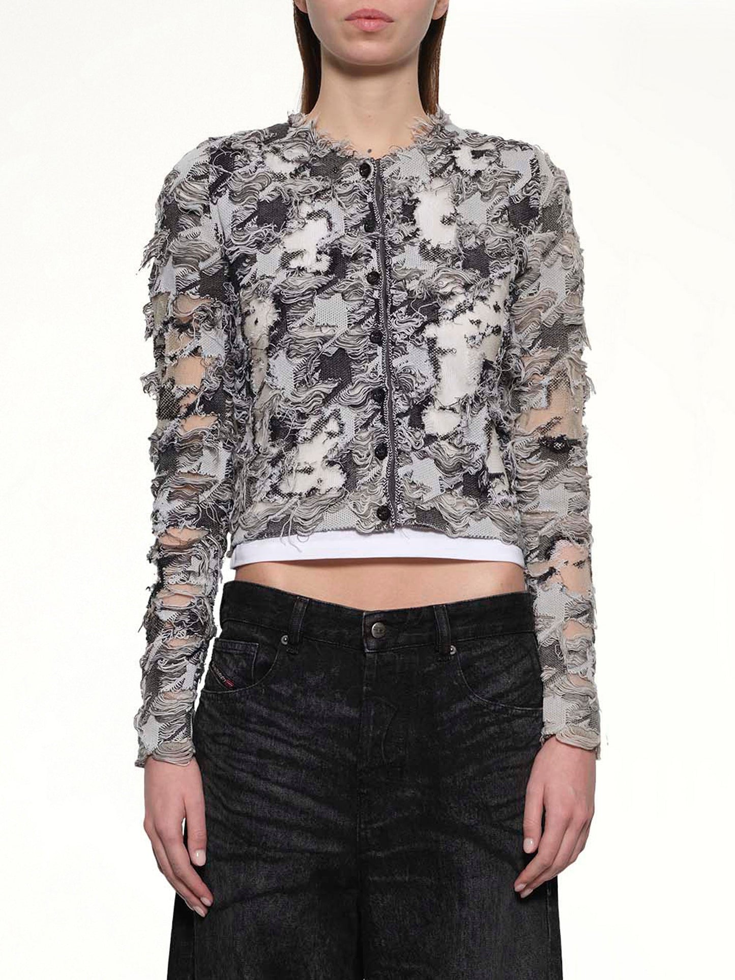 Image of a model wearing Outerwear. Productname: DIESEL M-SIBYLLA Runway Cardigan in Multicolour colour by brand - DIESEL