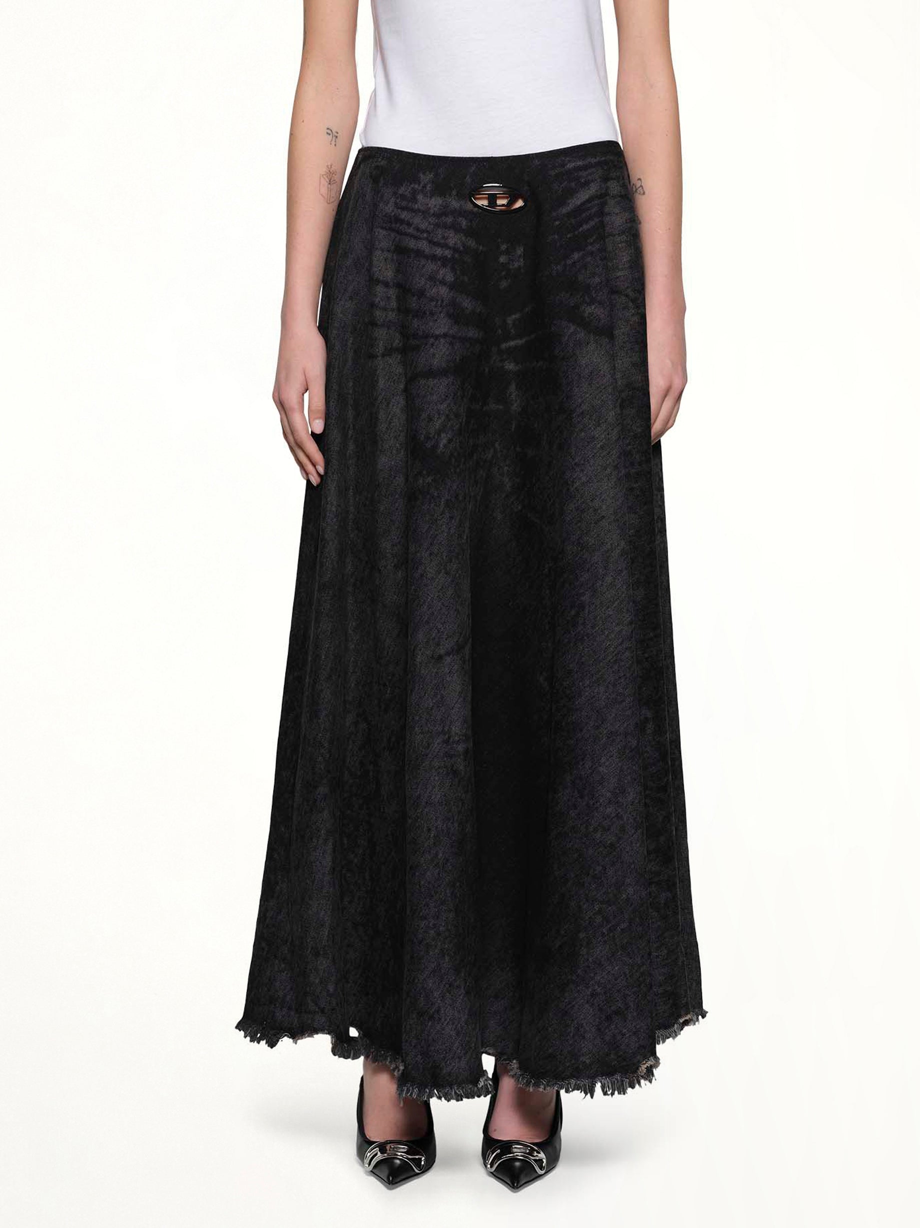 Image of a model wearing Skirts. Productname: DIESEL DE-HANNIE-FSH Denim Skirt in Black colour by brand - DIESEL