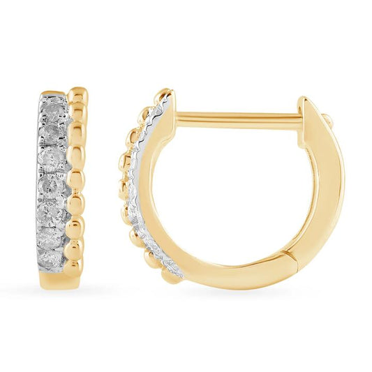 Image of Earrings. Productname: Huggie Hoop Earrings with 0.10ct of Diamonds in 9kt Yellow Gold in Diamond colour by brand - Bevilles
