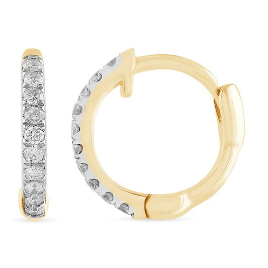 Image of Earrings. Productname: Huggie Hoop Earrings with 0.05ct of Diamonds in 9kt Yellow Gold in Diamond colour by brand - Bevilles