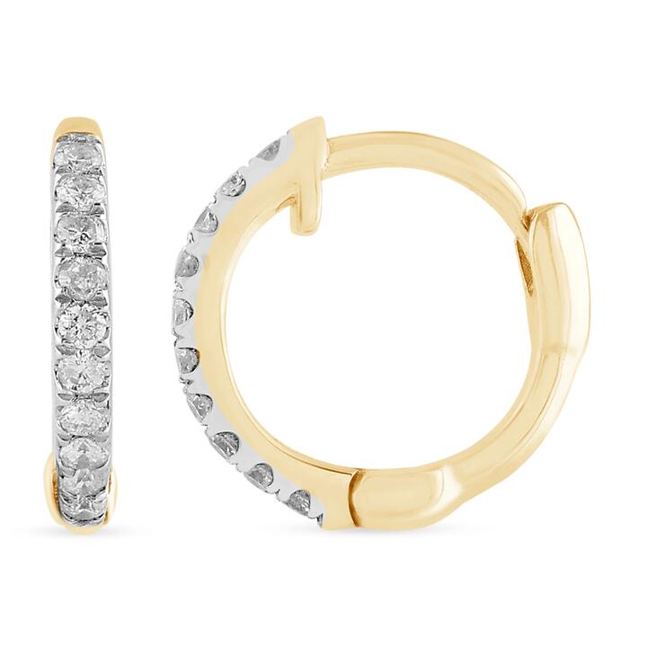 Image of Earrings. Product name - Huggie Hoop Earrings with 0.07tw of Diamonds in 9kt Yellow Gold in colour by brand - Bevilles