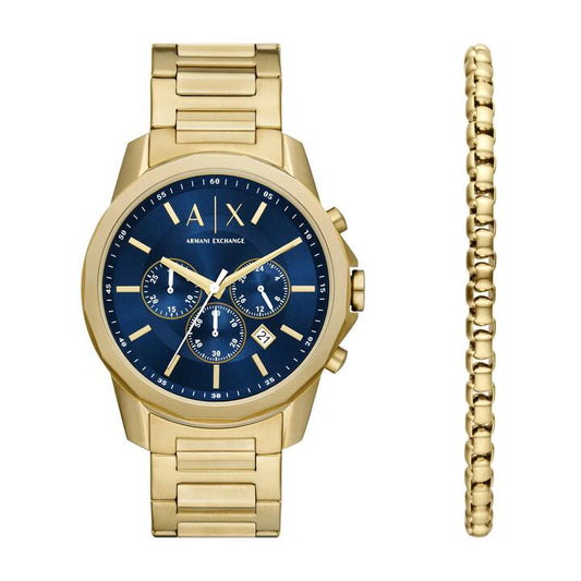 Image of Bracelets. Productname: Armani Exchange Chronograph Gold-Tone Stainless Steel Watch and Bracelet Set AX7151SET in Watch colour by brand - Armani Exchange
