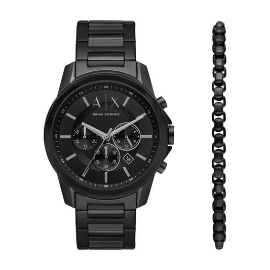 Image of Bracelets. Productname: Armani Exchange Chronograph Black Stainless Steel Watch and Bracelet Set AX7153SET in Watch colour by brand - Armani Exchange