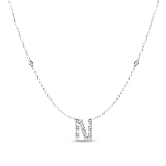 Image of Necklaces. Productname: Brilliant Claw Initial N Slider Necklace with 0.40ct of Laboratory Grown Diamonds in Mirage Sterling Silver and Platinum in Diamond colour by brand - Bevilles