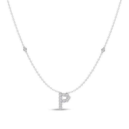 Image of Necklaces. Productname: Brilliant Claw Initial P Slider Necklace with 0.40ct of Laboratory Grown Diamonds in Mirage Sterling Silver and Platinum in Diamond colour by brand - Bevilles