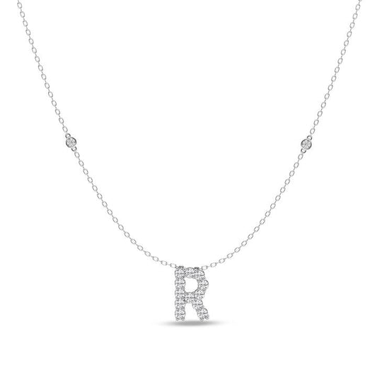 Image of Necklaces. Productname: Brilliant Claw Initial R Slider Necklace with 0.40ct of Laboratory Grown Diamonds in Mirage Sterling Silver and Platinum in Diamond colour by brand - Bevilles