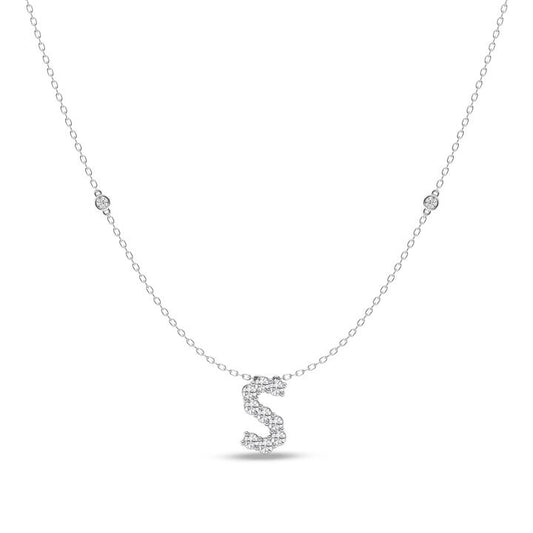 Image of Necklaces. Productname: Brilliant Claw Initial S Slider Necklace with 0.40ct of Laboratory Grown Diamonds in Mirage Sterling Silver and Platinum in Diamond colour by brand - Bevilles