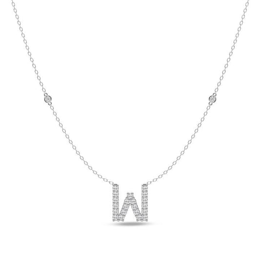 Image of Necklaces. Productname: Brilliant Claw Initial W Slider Necklace with 0.40ct of Laboratory Grown Diamonds in Mirage Sterling Silver and Platinum in Diamond colour by brand - Bevilles