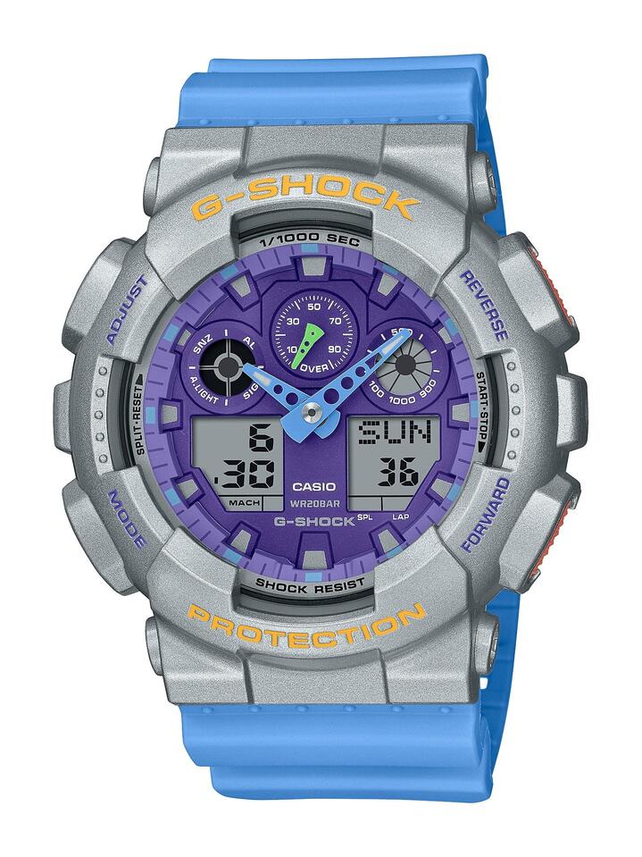 Image of Watches. Productname: Casio G Shock Blue Digital And Analogue Watch GA100EU-8A2 in Watch colour by brand - Casio