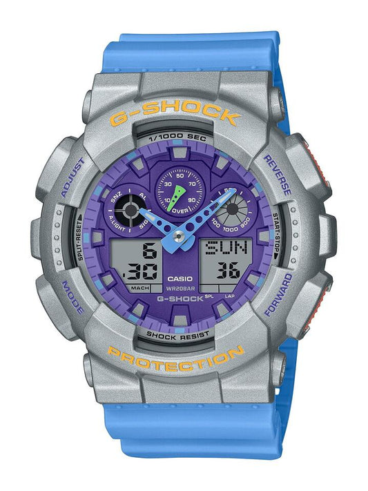 Image of Watches. Productname: Casio G Shock Blue Digital And Analogue Watch GA100EU-8A2 in Watch colour by brand - Casio