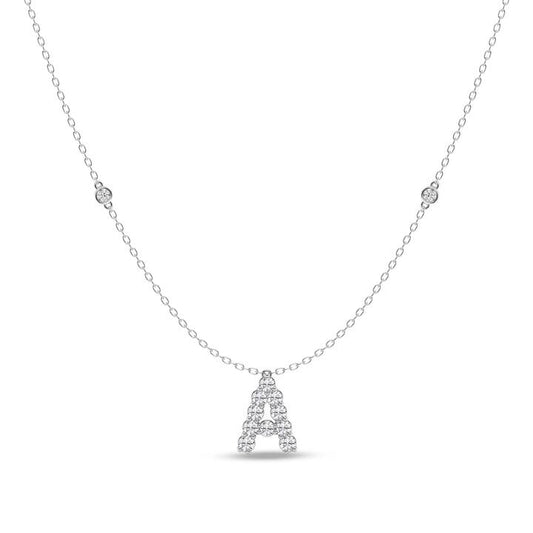 Image of Charms. Productname: Brilliant Claw Initial A Slider Necklace with 0.40tw of Laboratory-Grown Diamonds in Mirage Sterling Silver and Platinum in colour by brand - Bevilles