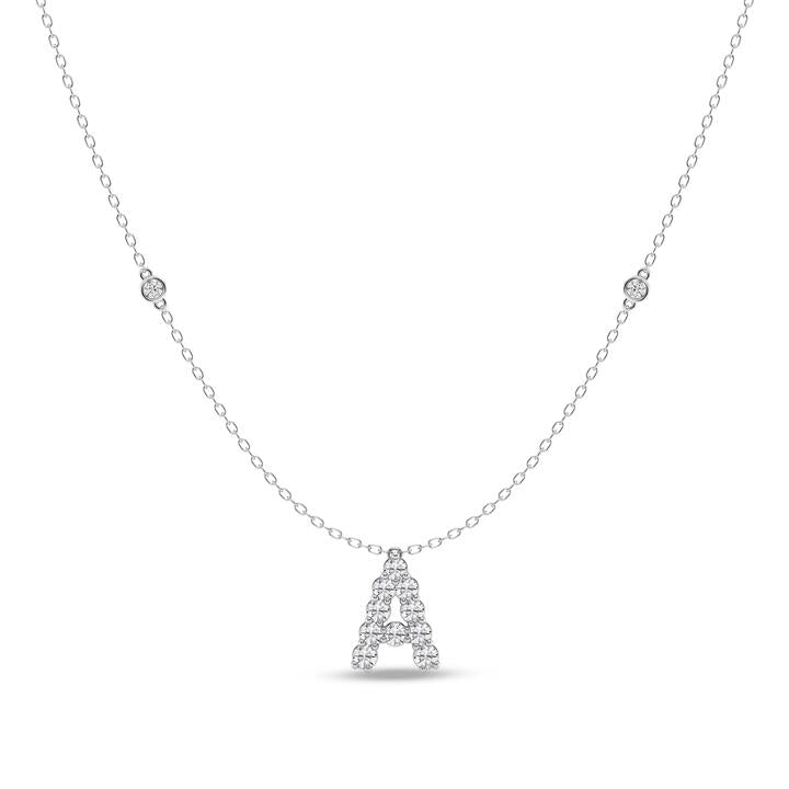 Image of Charms. Product name - Brilliant Claw Initial A Slider Necklace with 0.40tw of Laboratory-Grown Diamonds in Mirage Sterling Silver and Platinum in colour by brand - Bevilles