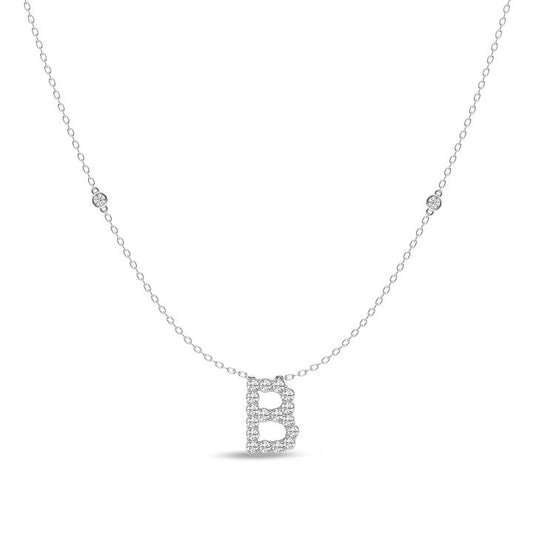 Image of Necklaces. Productname: Brilliant Claw Initial B Slider Necklace with 0.40ct of Laboratory Grown Diamonds in Mirage Sterling Silver and Platinum in Diamond colour by brand - Bevilles