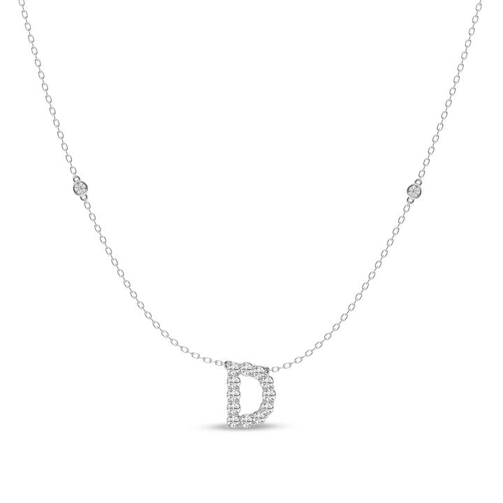 Image of Charms. Product name - Brilliant Claw Initial D Slider Necklace with 0.40tw of Laboratory-Grown Diamonds in Mirage Sterling Silver and Platinum in colour by brand - Bevilles
