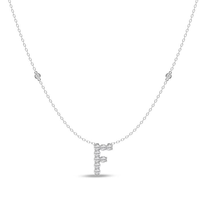 Image of Charms. Product name - Brilliant Claw Initial F Slider Necklace with 0.40tw of Laboratory-Grown Diamonds in Mirage Sterling Silver and Platinum in colour by brand - Bevilles