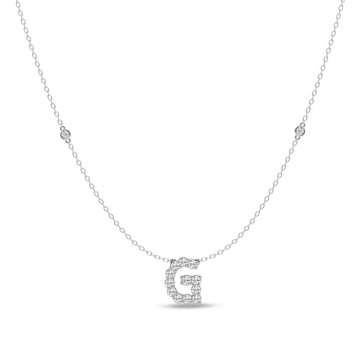 Image of Necklaces. Productname: Brilliant Claw Initial G Slider Necklace with 0.40ct of Laboratory Grown Diamonds in Mirage Sterling Silver and Platinum in Diamond colour by brand - Bevilles