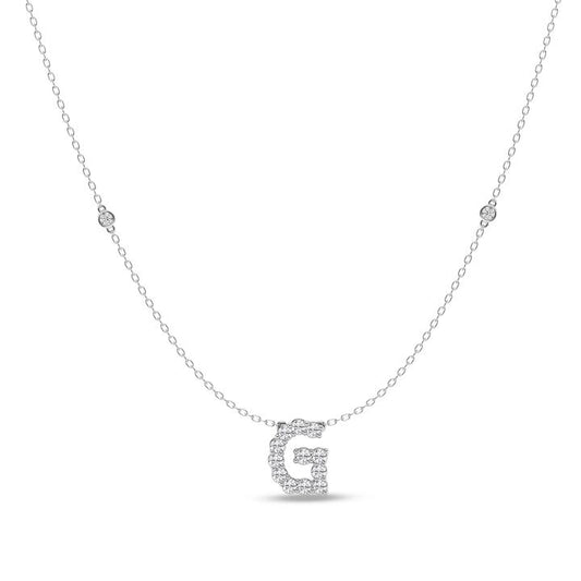 Image of Necklaces. Productname: Brilliant Claw Initial G Slider Necklace with 0.40ct of Laboratory Grown Diamonds in Mirage Sterling Silver and Platinum in Diamond colour by brand - Bevilles