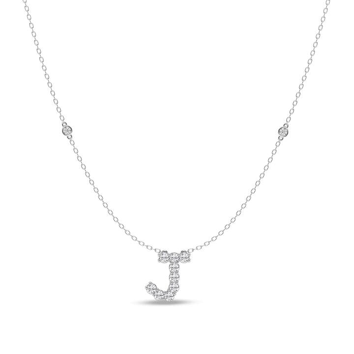 Image of Charms. Product name - Brilliant Claw Initial J Slider Necklace with 0.40tw of Laboratory-Grown Diamonds in Mirage Sterling Silver and Platinum in colour by brand - Bevilles