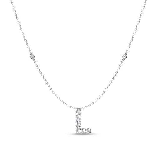 Image of Necklaces. Productname: Brilliant Claw Initial L Slider Necklace with 0.40ct of Laboratory Grown Diamonds in Mirage Sterling Silver and Platinum in Diamond colour by brand - Bevilles