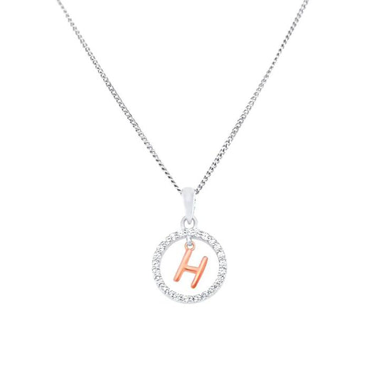 Image of Necklaces. Productname: H Initial Open Circle Necklace with Cubic Zirconia in Sterling Silver in Silver colour by brand - Bevilles