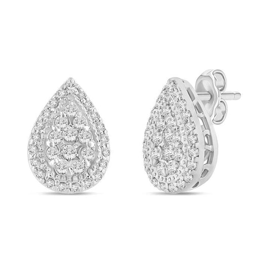 Image of Earrings. Productname: Halo Pear Shaped Stud Earrings with 1/4ct of Diamonds in 9kt White Gold in Diamond colour by brand - Bevilles