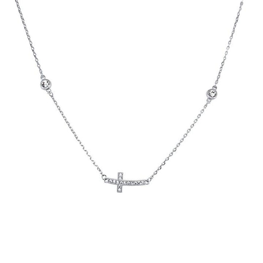 Image of Charms. Product name - 45cm Station Cross Cubic Zirconia Necklace in Sterling Silver in colour by brand - Bevilles
