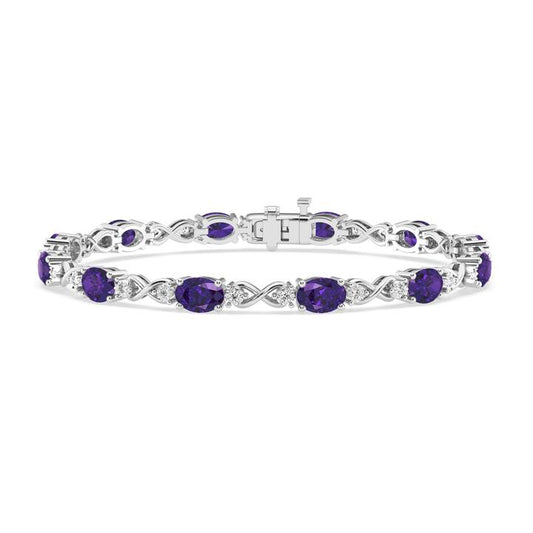 Image of Bracelets. Product name - 18.5cm Oval Amethyst Infinity Bracelet with 0.20tw of Diamonds in Sterling Silver in colour by brand - Bevilles