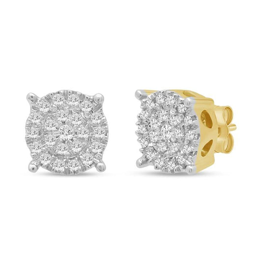 Image of Earrings. Productname: Solitaire Look Stud Earrings with 0.10ct of Diamonds in 9kt Yellow Gold in Diamond colour by brand - Bevilles