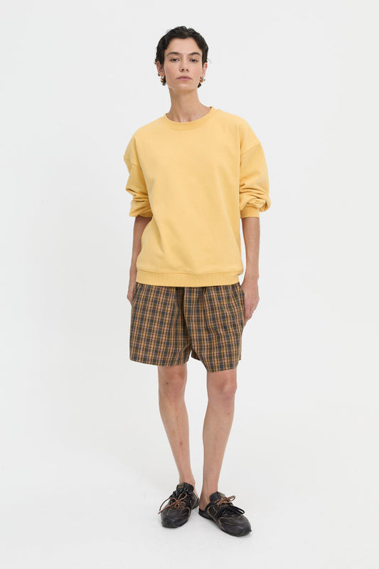 Image of a model wearing Outerwear. Product name - Charlie Sweater Yellow in Yellow colour by brand - Blanca Studio