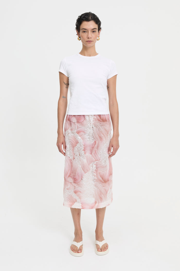 Image of a model wearing Skirts. Product name - Tumi Skirt Pink in Pink colour by brand - Blanca Studio