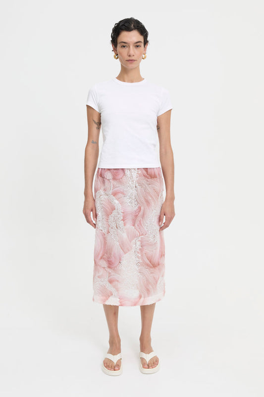 Image of a model wearing Skirts. Product name - Tumi Skirt Pink in Pink colour by brand - Blanca Studio