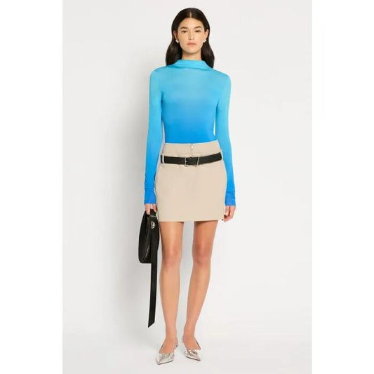 Image of a model wearing Skirts. Productname: No Return Mini Skirt in Stone colour by brand - sass and bide