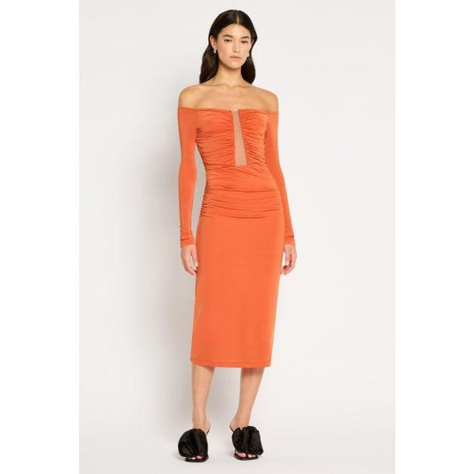 Image of a model wearing Dress. Productname: In Orbit Midi Dress in BURNT ORANGE colour by brand - sass and bide