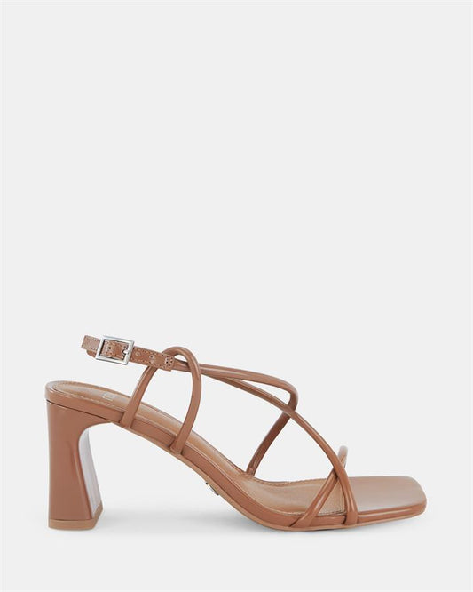 Image of Sandals. Product name - Ussana Women's Strappy Low Heel TOFFEE Novo Sandals in Toffee colour by brand - NOVO