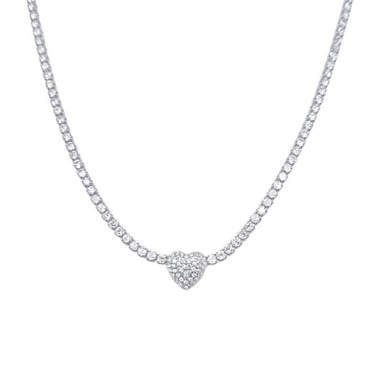 Image of Charms. Productname: 43cm 2mm Width Pave Heart Cubic Zirconia Tennis Necklace in Sterling Silver in colour by brand - Bevilles