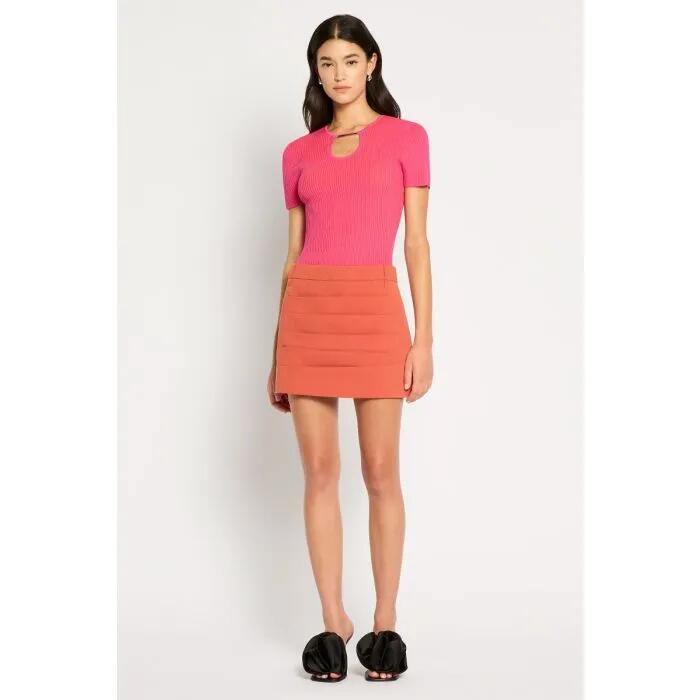 Image of a model wearing Skirts. Productname: Ambush Mini Skirt in ROSEWOOD colour by brand - sass and bide