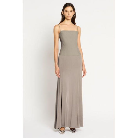Image of a model wearing Dress. Productname: On Your Mind Maxi Dress in SOFT TAUPE colour by brand - sass and bide