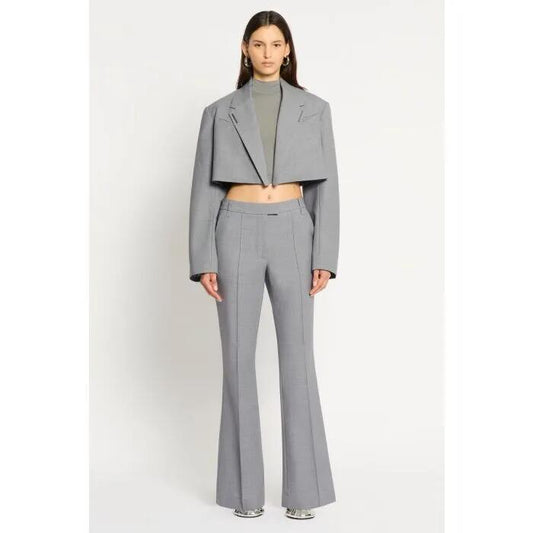 Image of a model wearing Outerwear. Productname: Moon Dial Cropped Blazer in Silver colour by brand - sass and bide